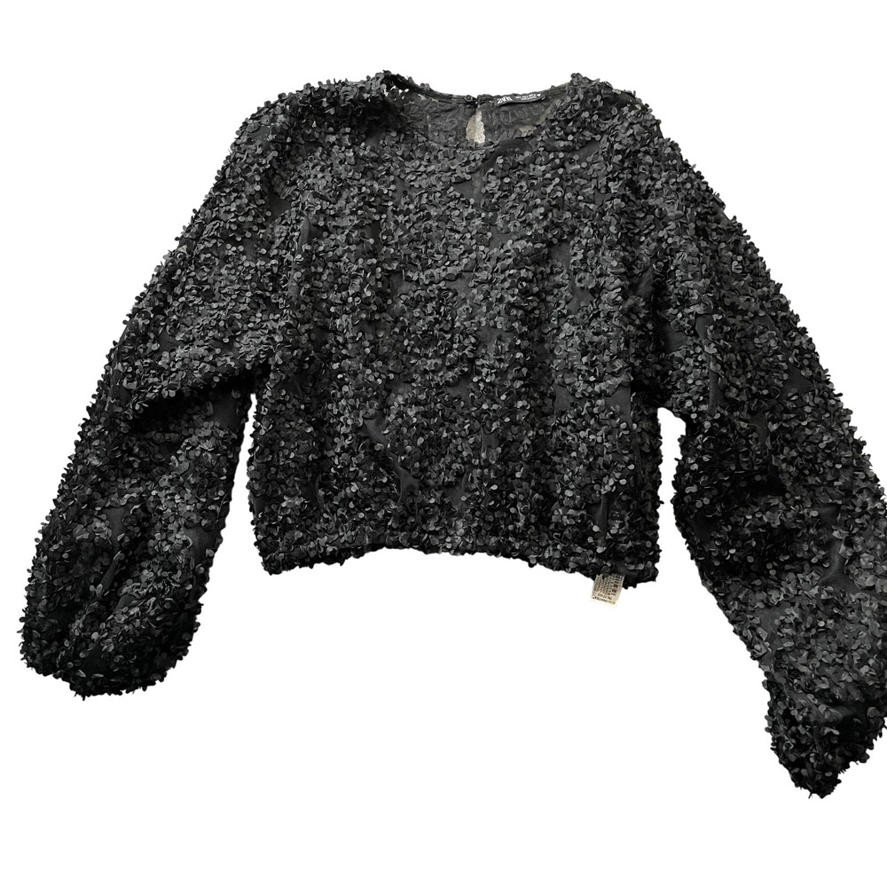 Zara Large Semi Sheer Black Long Sleeve Crop Top 100% Polyester Floral Applique
